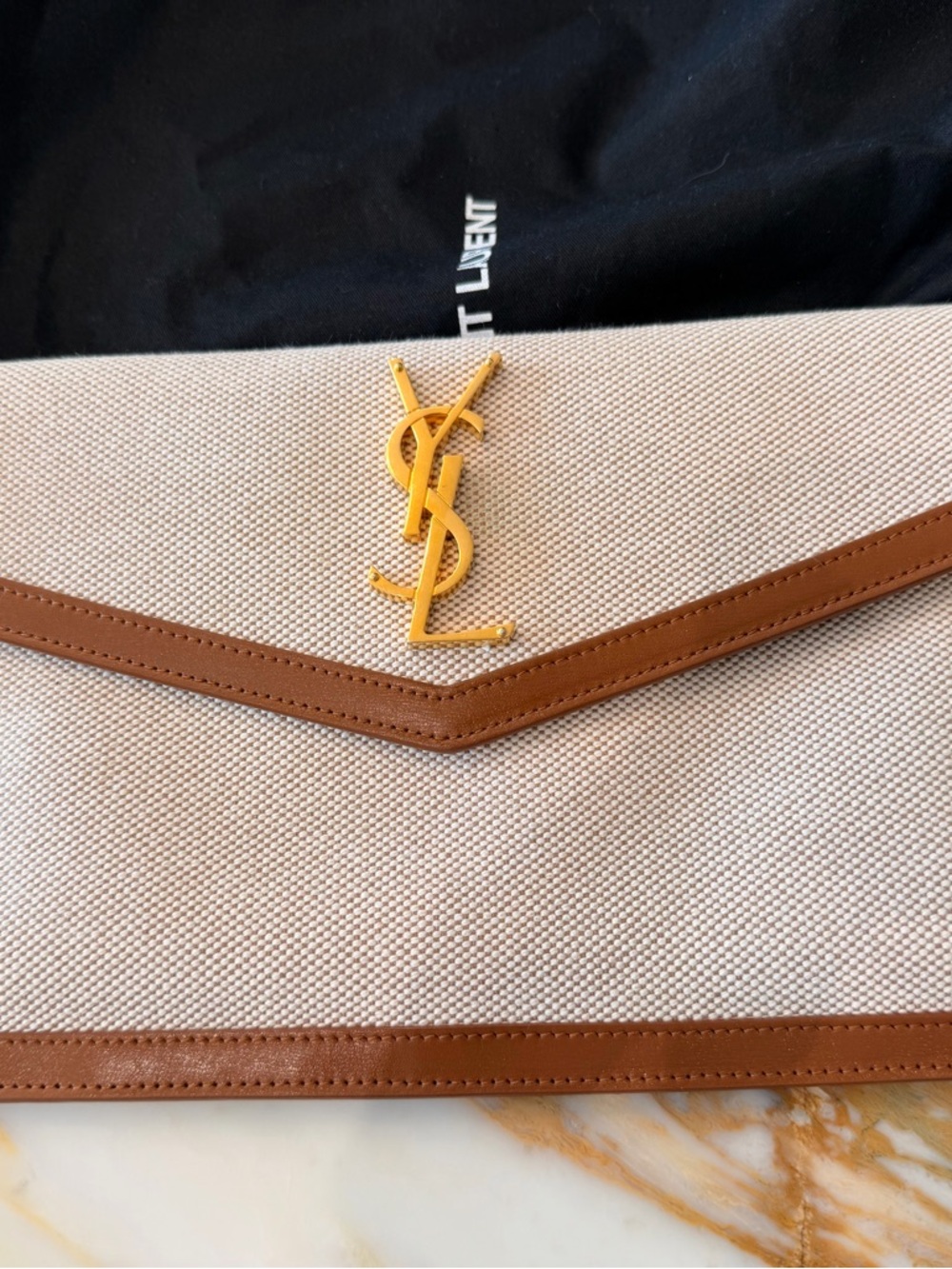 Saint Laurent Uptown Clutch Beige Canvas Tan Leather YSL $730-authentic - Picture 2 of 9